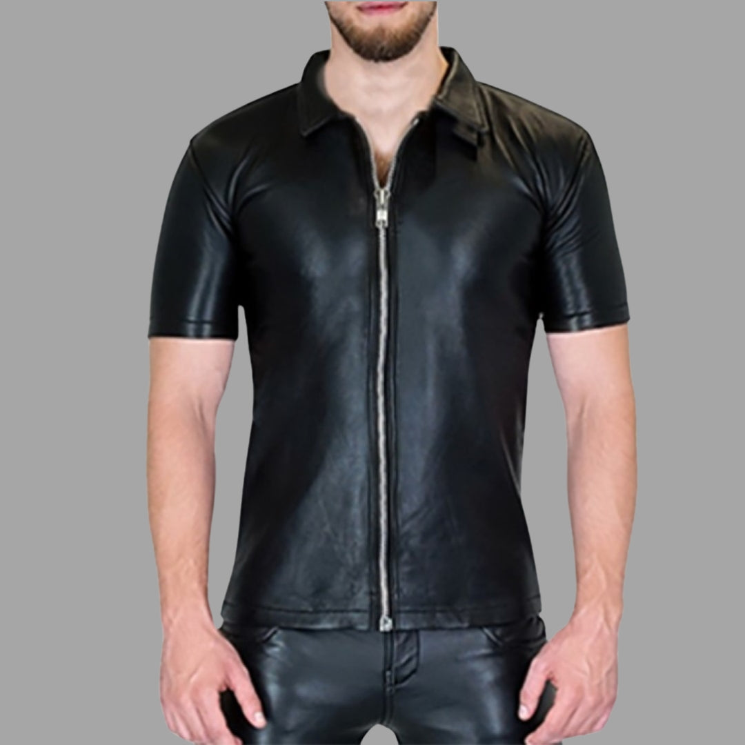 Black Leather Shirt For Men With Full Zip Closer