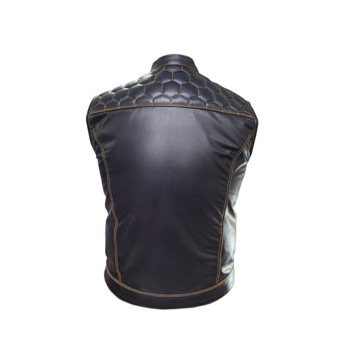 Black Quilted Style Leather Vest With Yellow Stitching