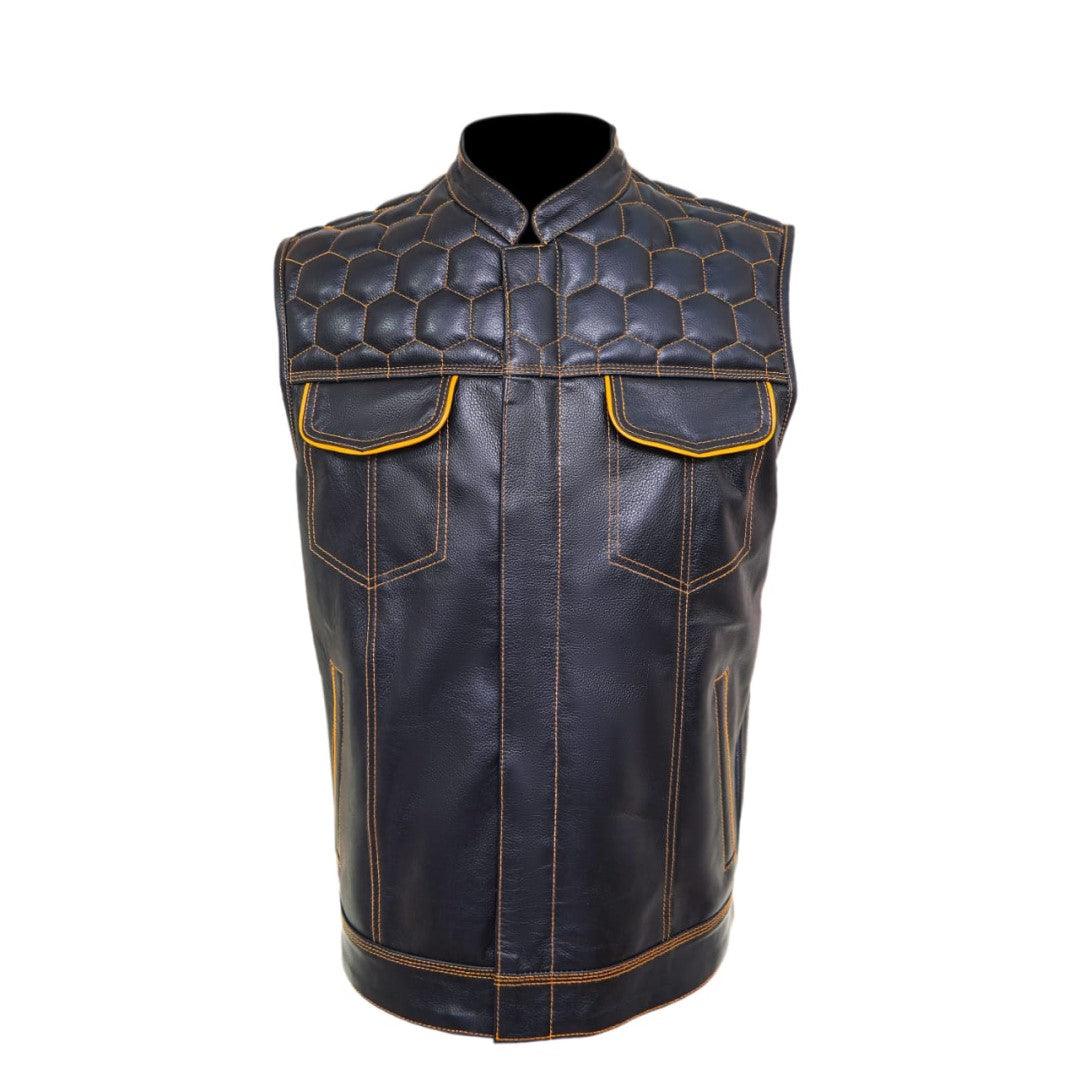 Black Quilted Style Leather Vest With Yellow Stitching - The Urban Tannery