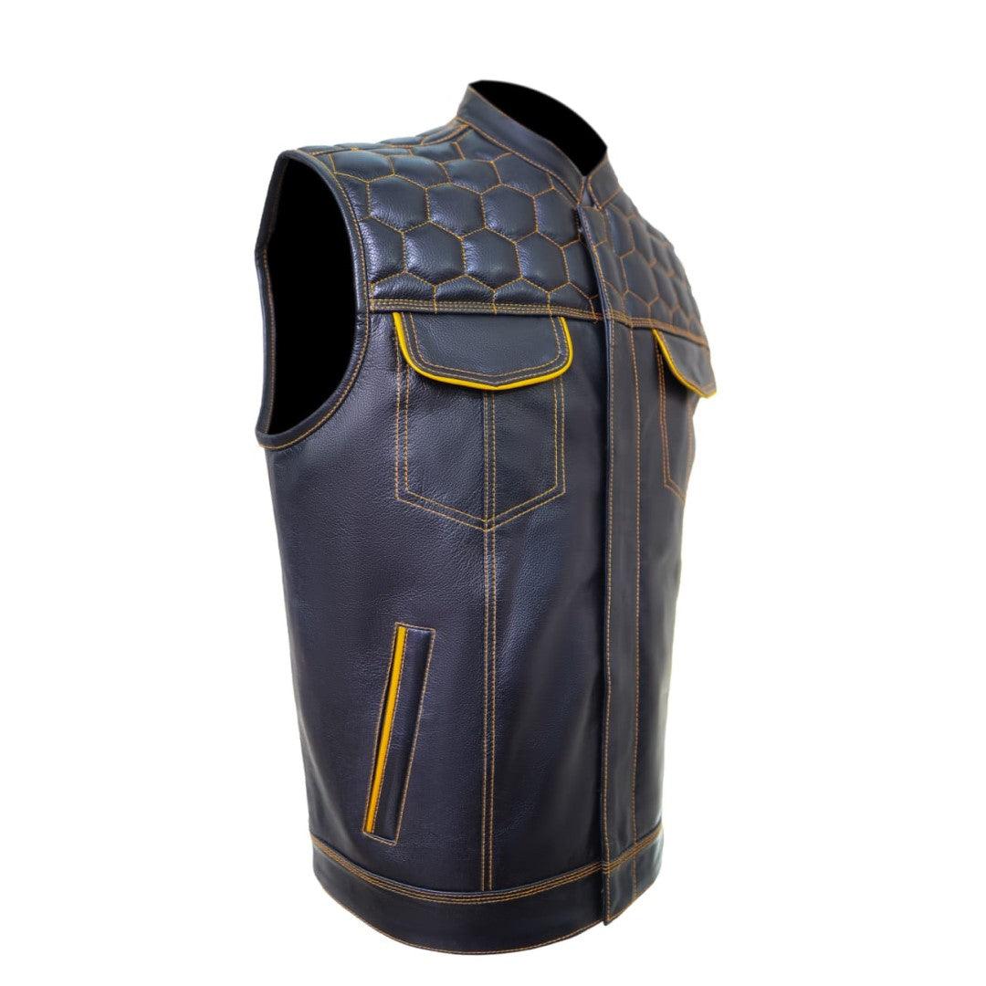 Black Quilted Style Leather Vest With Yellow Stitching - The Urban Tannery