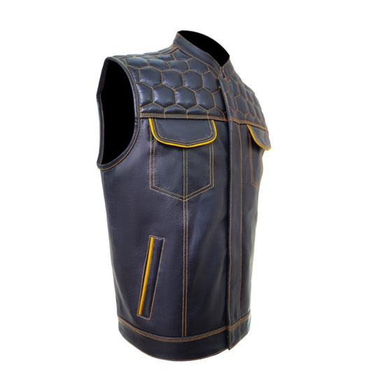 Black Quilted Style Leather Vest With Yellow Stitching