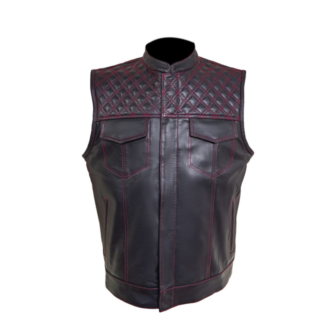 Black Leather Vest Men's With Red Stiching