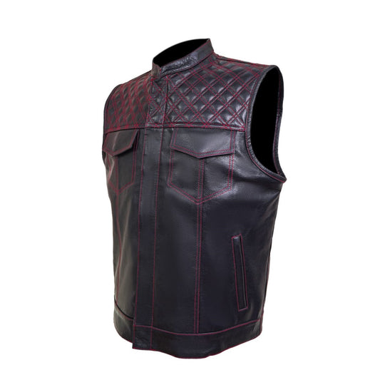 Black Leather Vest Men's With Red Stiching