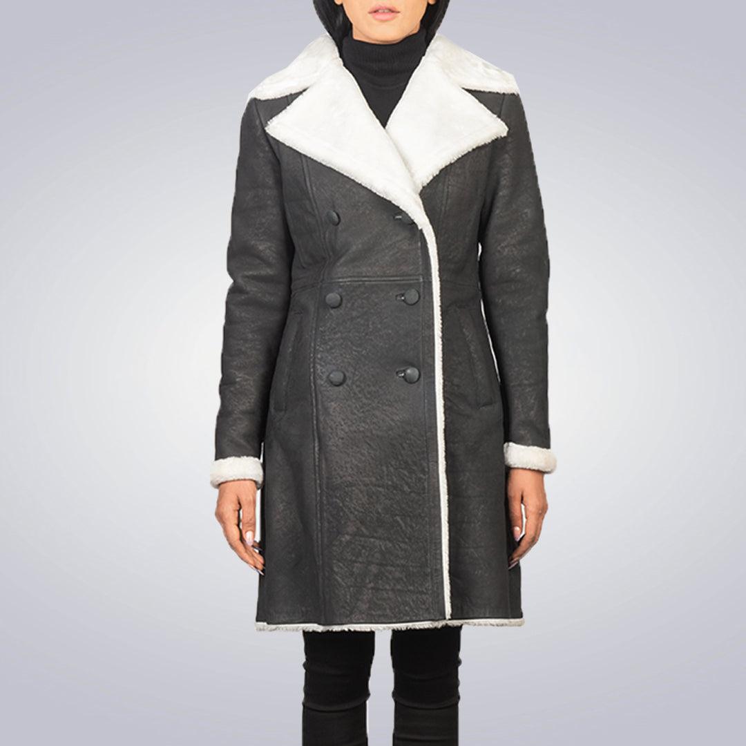 Black Double Breased Shearling Leather Coat - The Urban Tannery