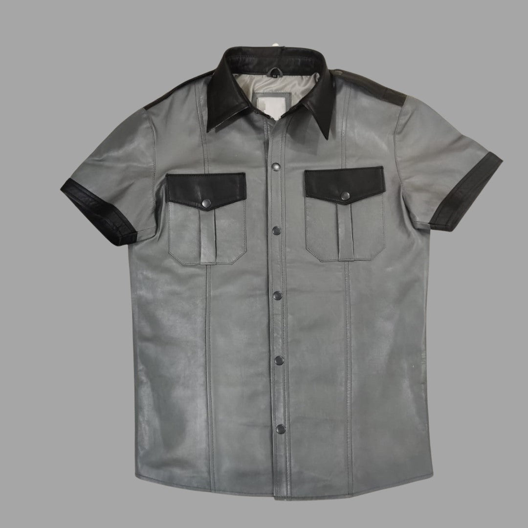 Dark Grey Leather Shirt For Men With Black Collar