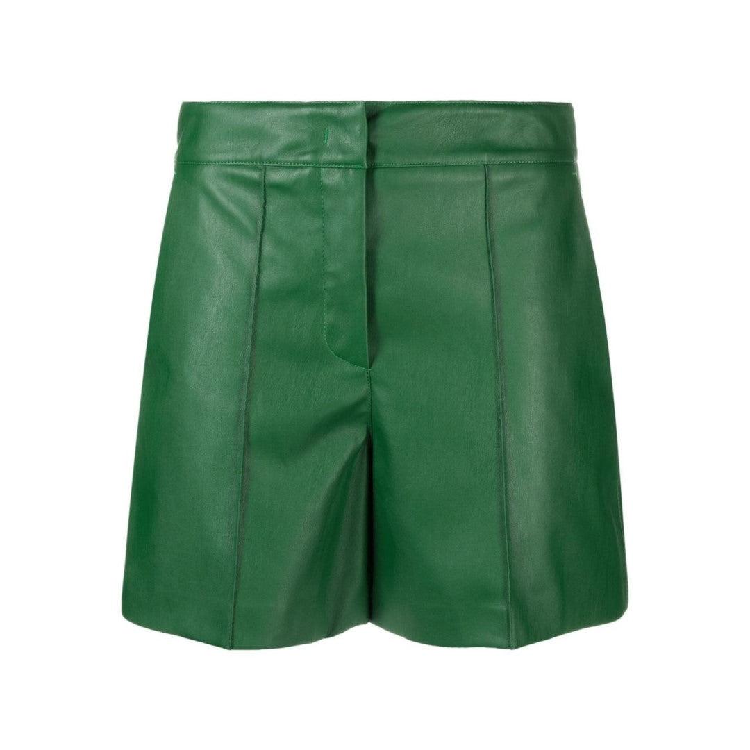 Green Leather Shorts For Women With Button And Zip Clouser - The Urban Tannery
