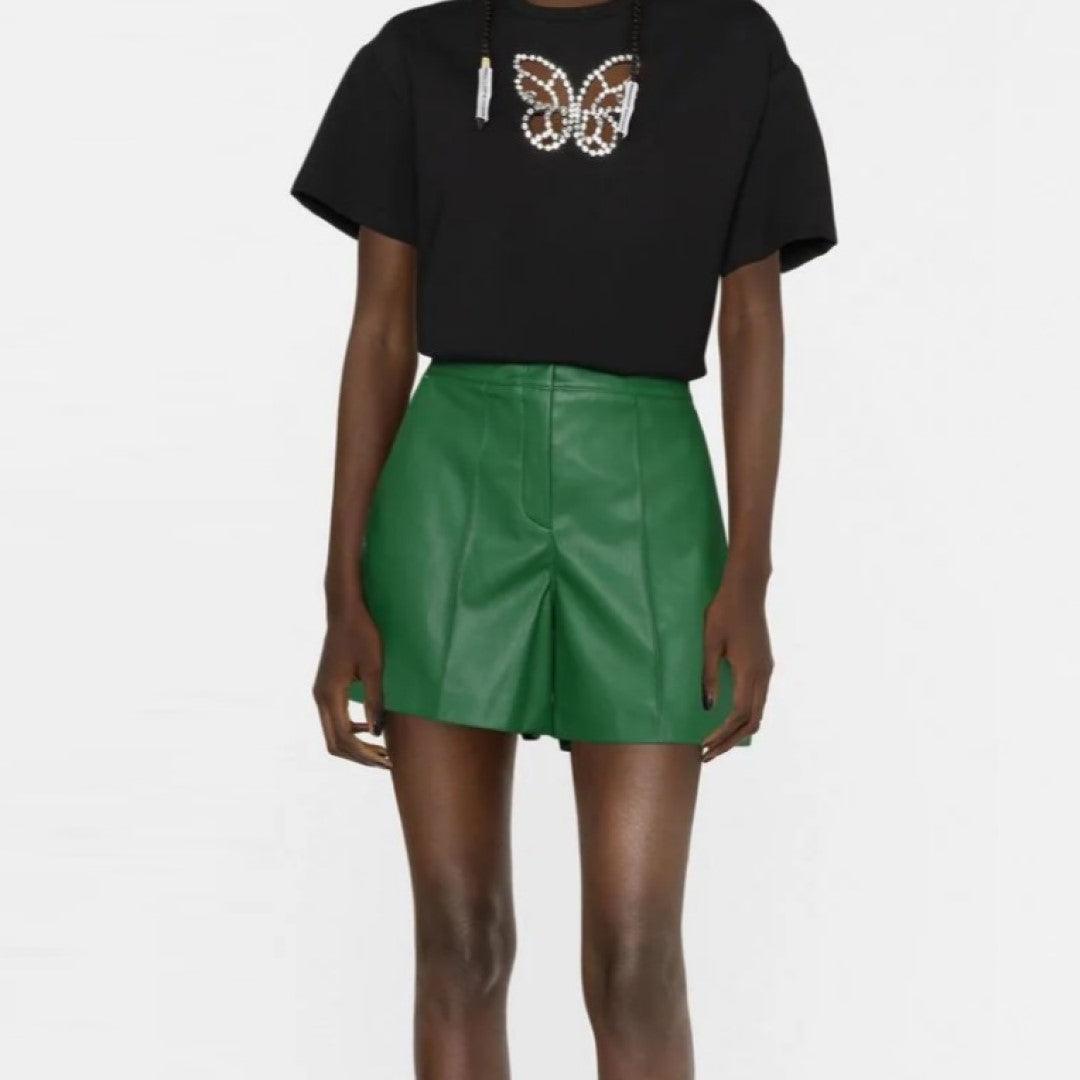Green Leather Shorts For Women With Button And Zip Clouser - The Urban Tannery