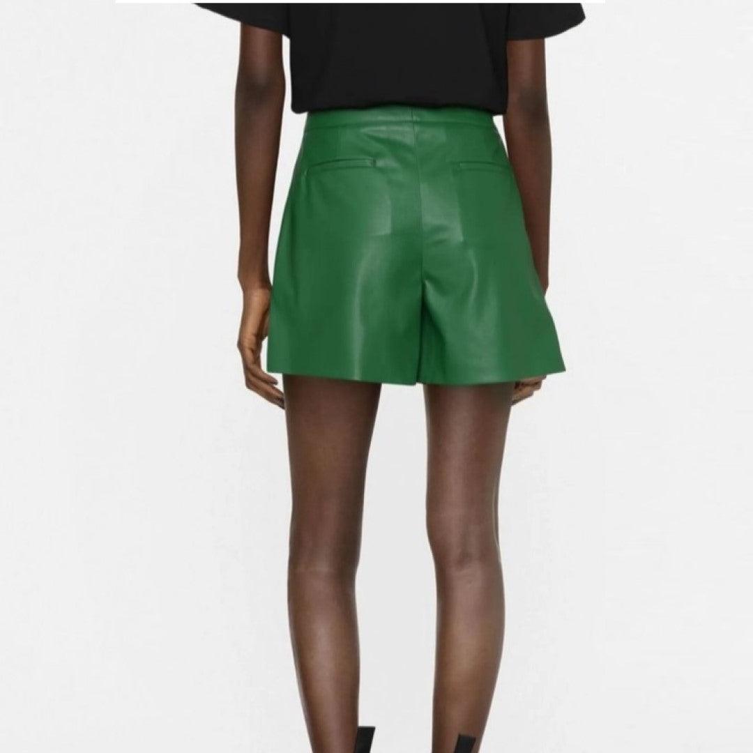 Green Leather Shorts For Women With Button And Zip Clouser - The Urban Tannery