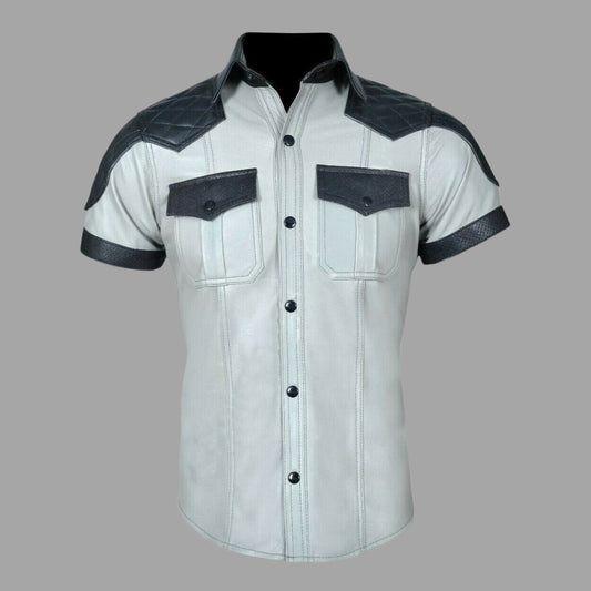 Grey Leather Shirt With Shoulders And Collar Quilted Design