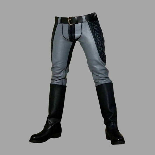 Leather Pants Men Grey With Side Quilted Design