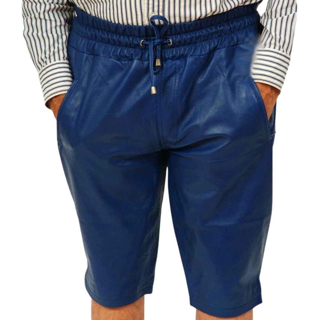 Blue Stylish Leather shorts For Men With Hook And Loop Closer