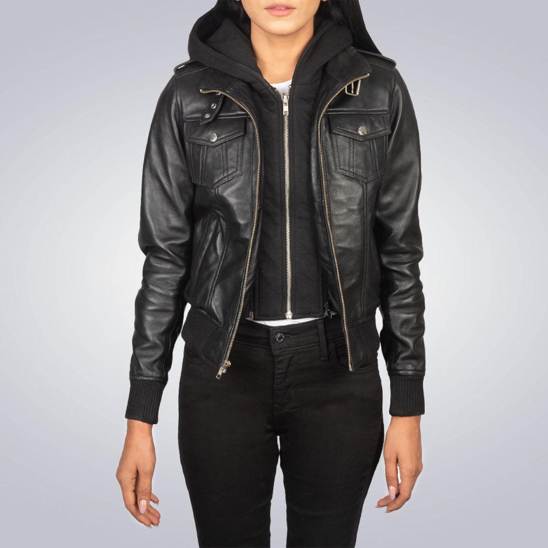 Women's Black Roslyn Hooded Leather Jacket - The Urban Tannery