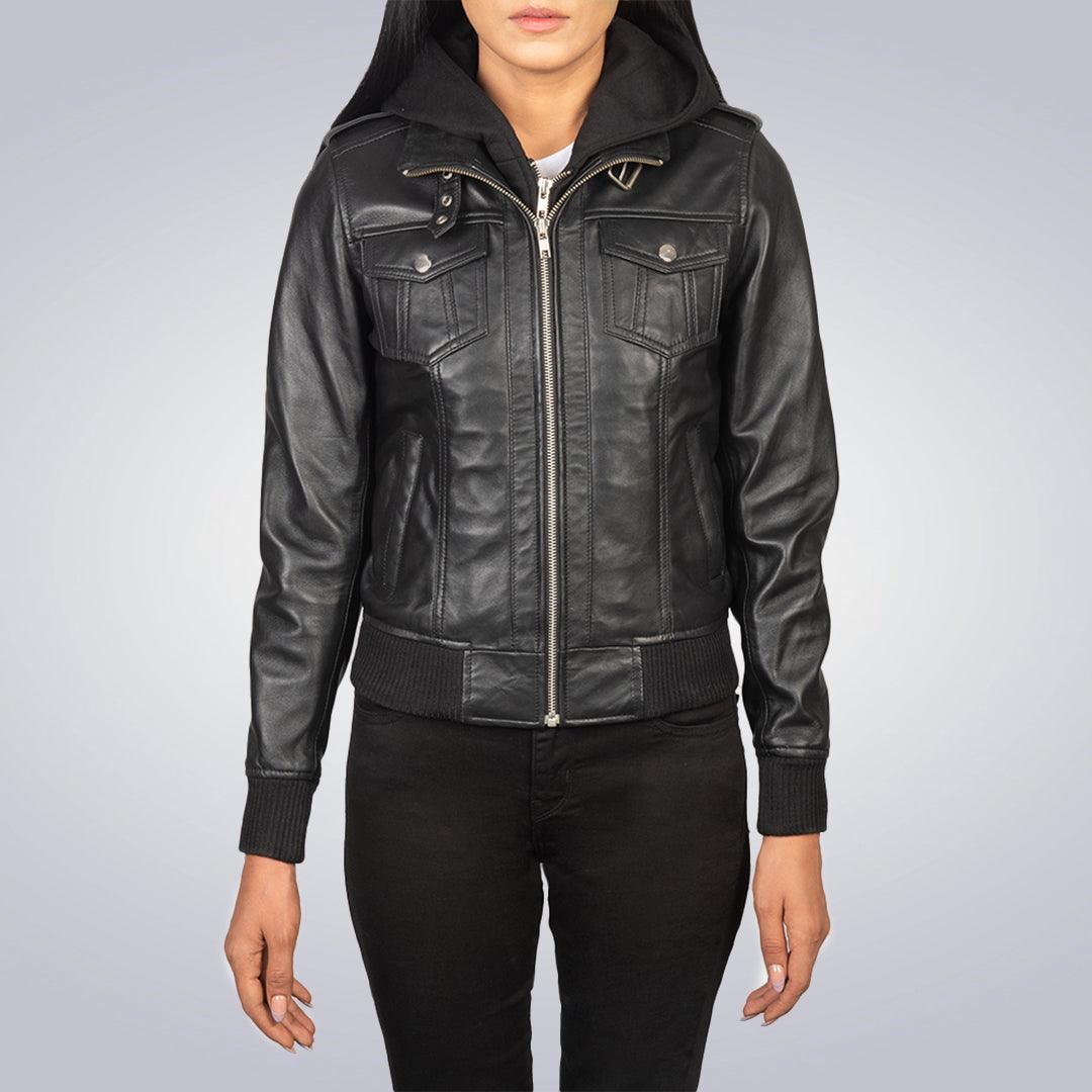 Women's Black Roslyn Hooded Leather Jacket - The Urban Tannery