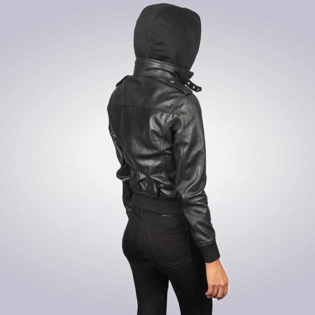 Women's Black Roslyn Hooded Leather Jacket - The Urban Tannery