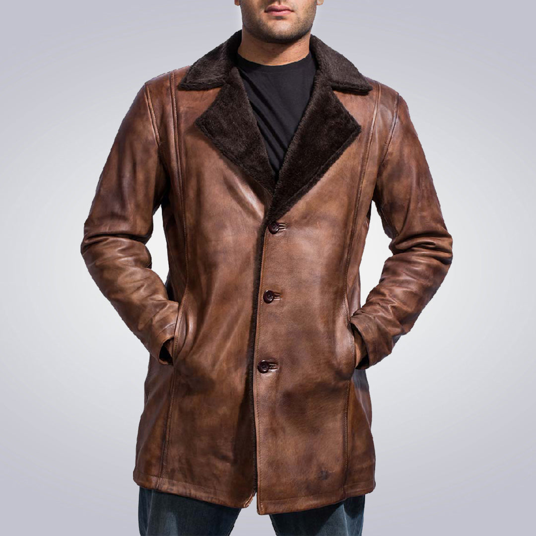 Mens Cinnamon Fur Brown Leather Coat 1