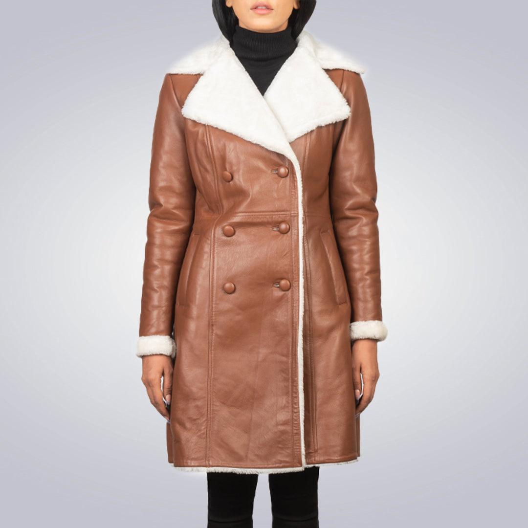Women's Double Breasted Brown Shearling Coat - The Urban Tannery