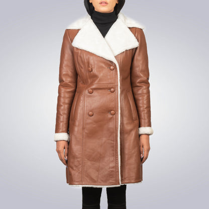 Women's Double Breasted Brown Shearling Coat 1