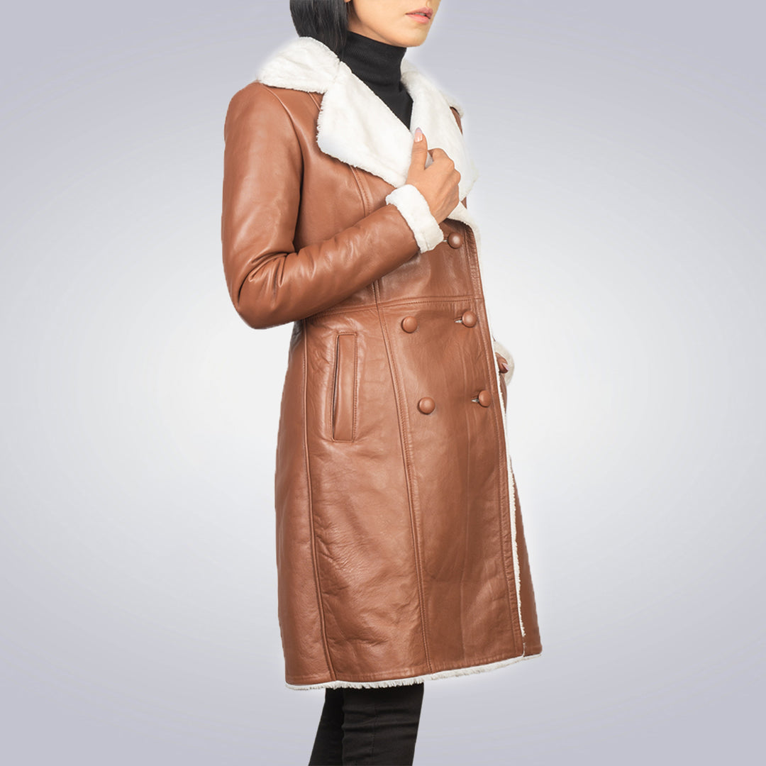 Women's Double Breasted Brown Shearling Coat 2