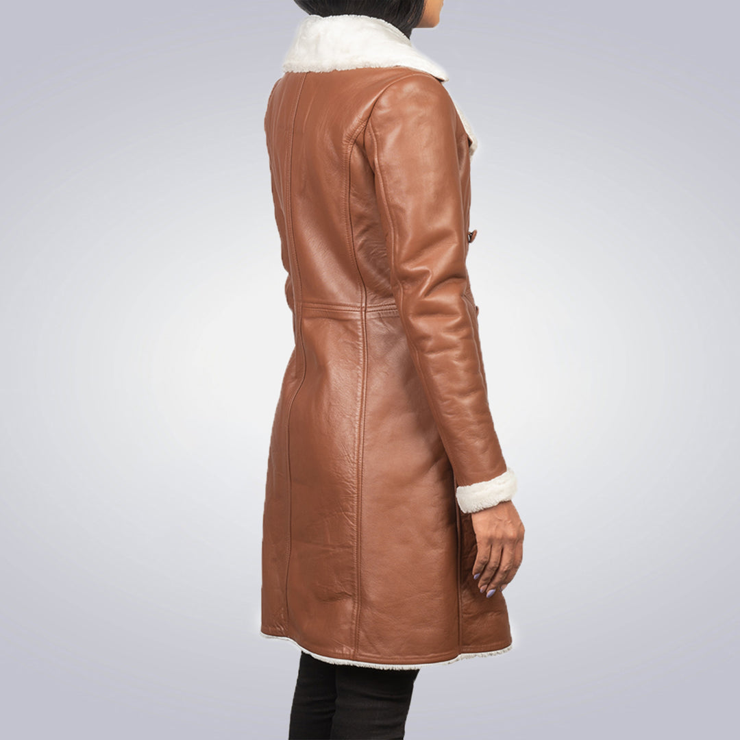 Women's Double Breasted Brown Shearling Coat 3