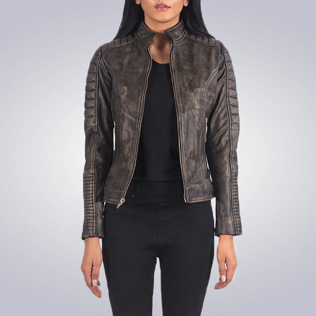 Distressed Maven Quilted Brown Leather Jacket For Women - The Urban Tannery
