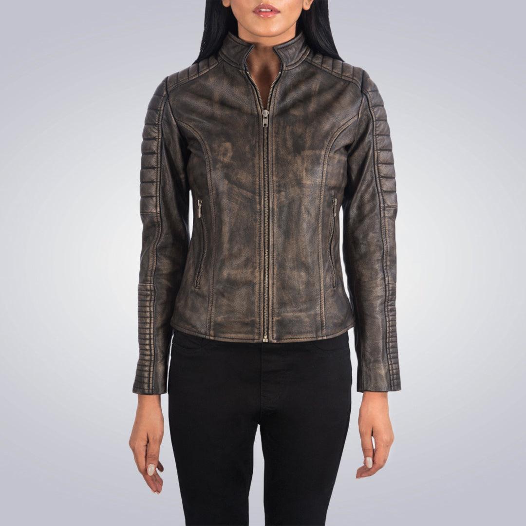Distressed Maven Quilted Brown Leather Jacket For Women - The Urban Tannery