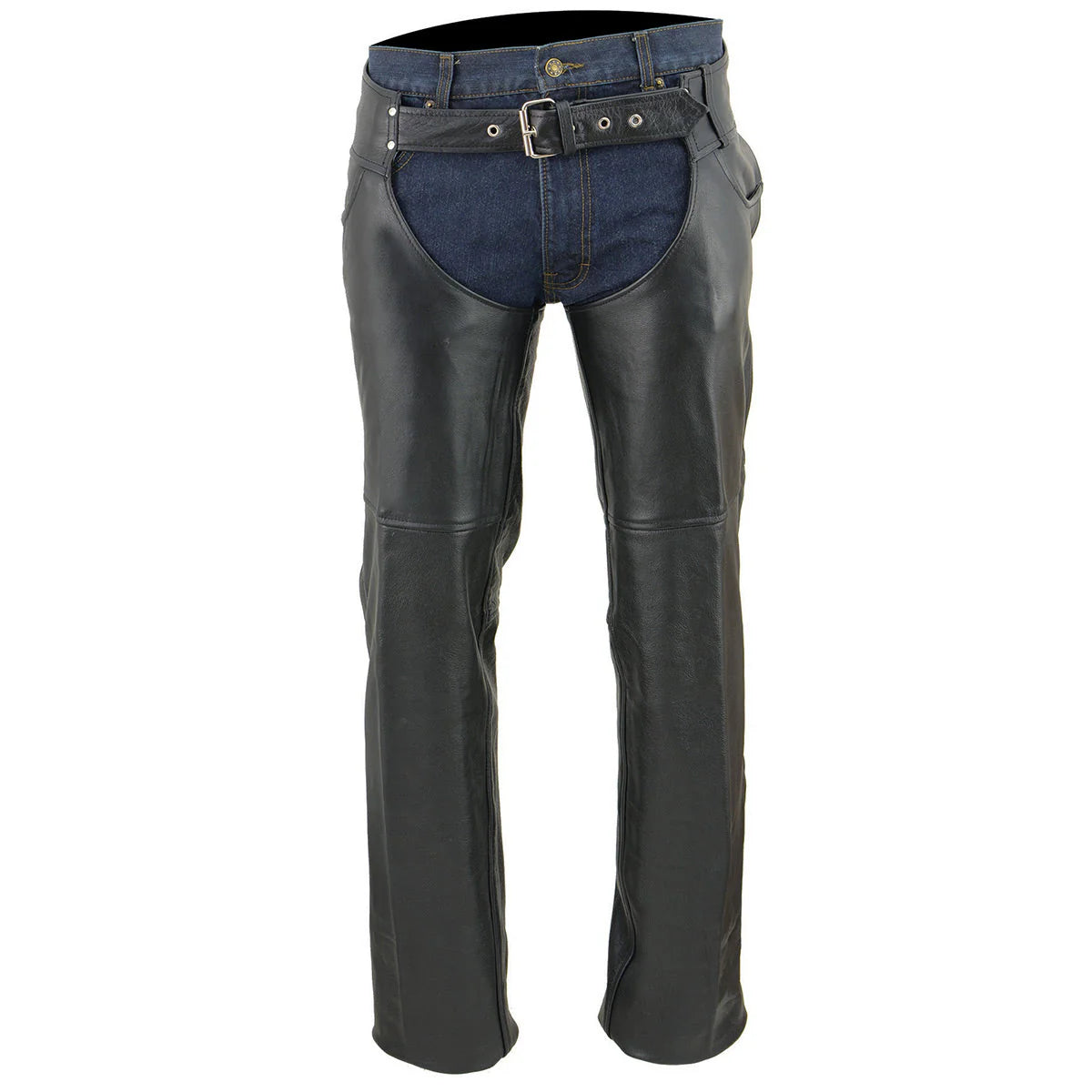 Leather Chaps for Men's Black Premium Leather- Classic Jean Style Pockets Motorcycle Riders Chap