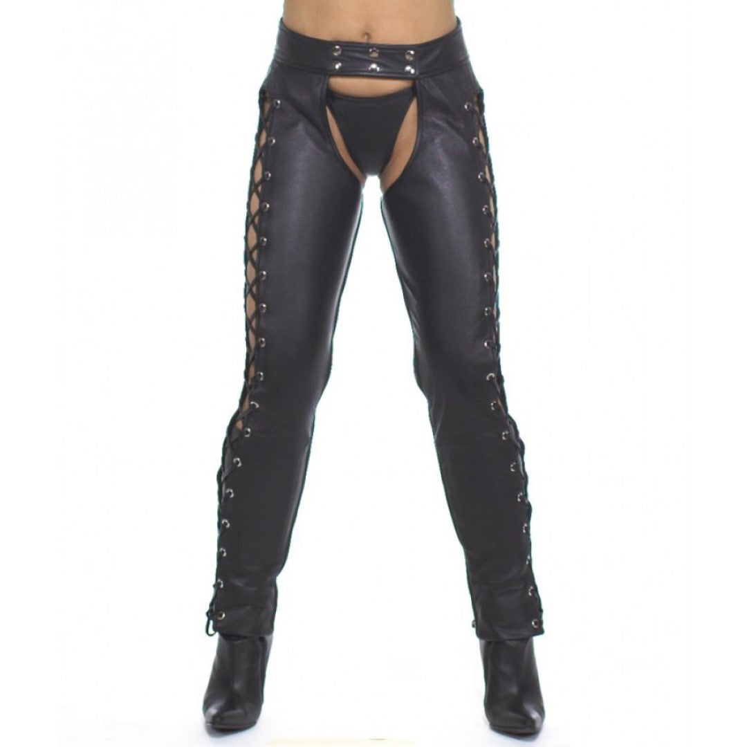 Men Leather Chaps With Button Closer And Side Lace Design