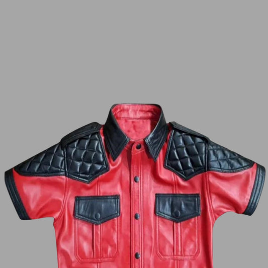 Red Leather Shirt Men - Quilted Shoulder Design