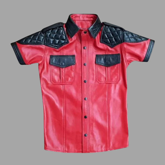 Red Leather Shirt Men - Quilted Shoulder Design