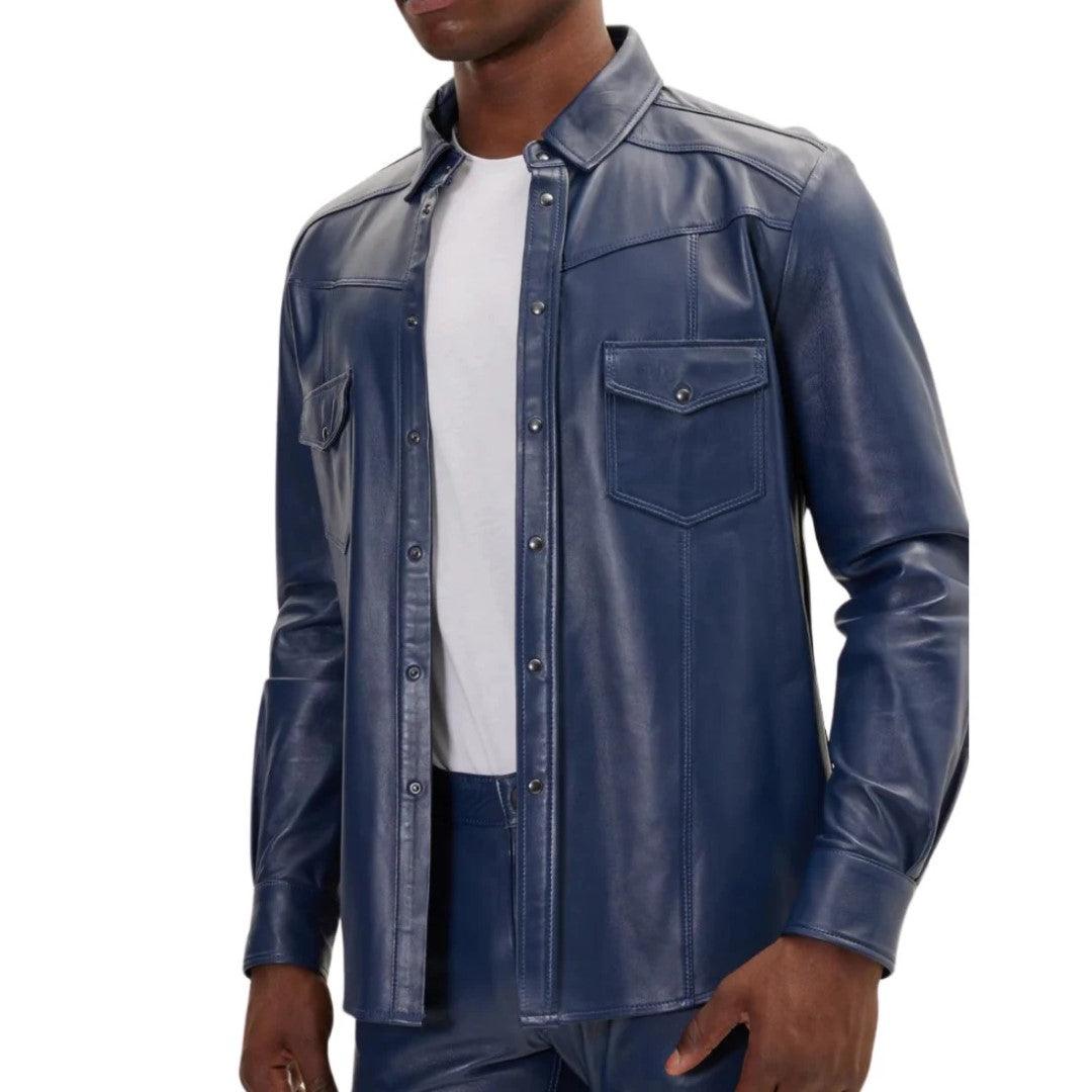Navy Blue Leather Shirt For Men In Biker Style - The Urban Tannery