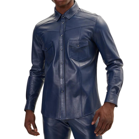 Navy Blue Leather Shirt For Men In Biker Style