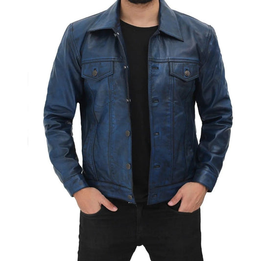 Navy Blue Leather Shirt For Men