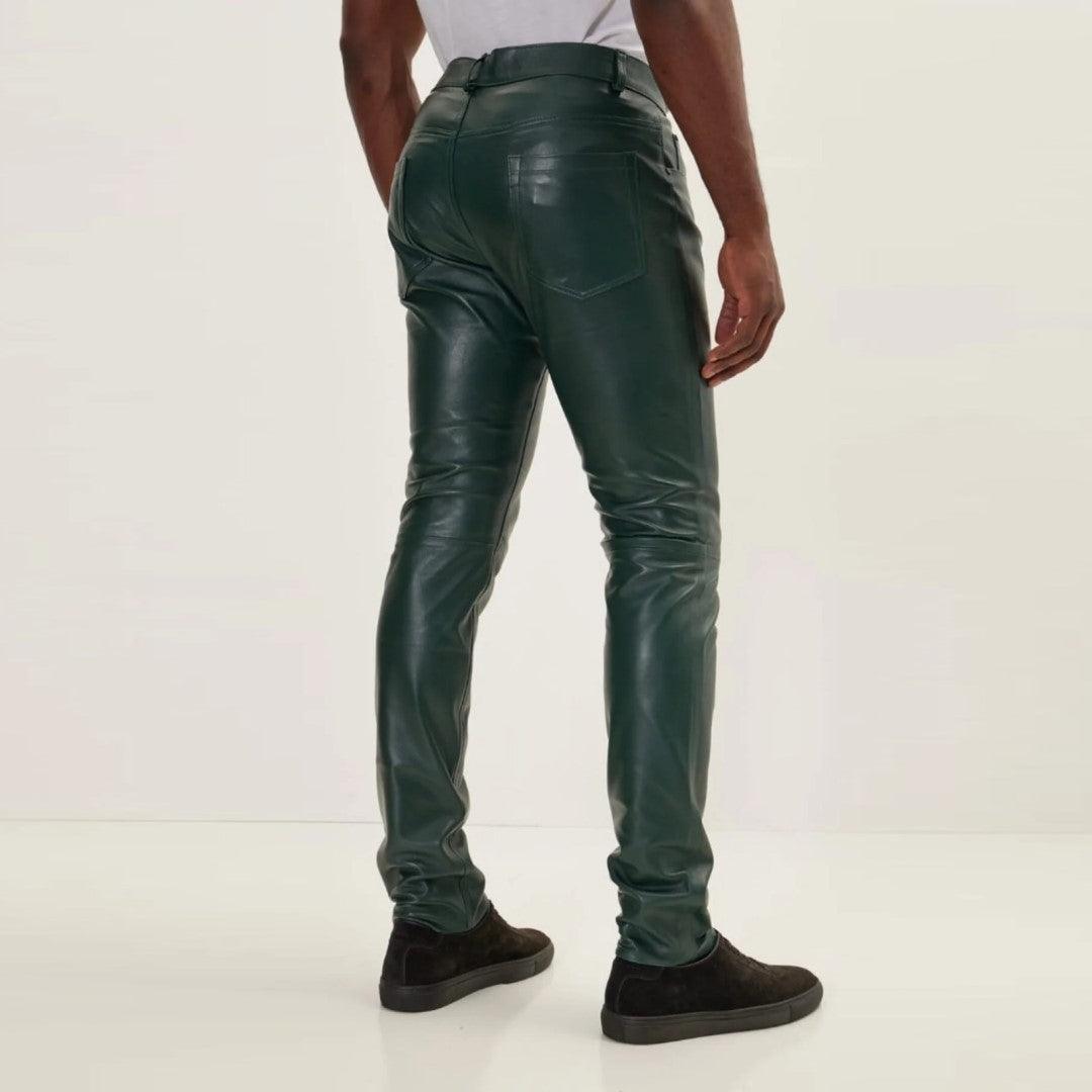 Leather Classic Zipper Jeans Pants in olive Green - The Urban Tannery