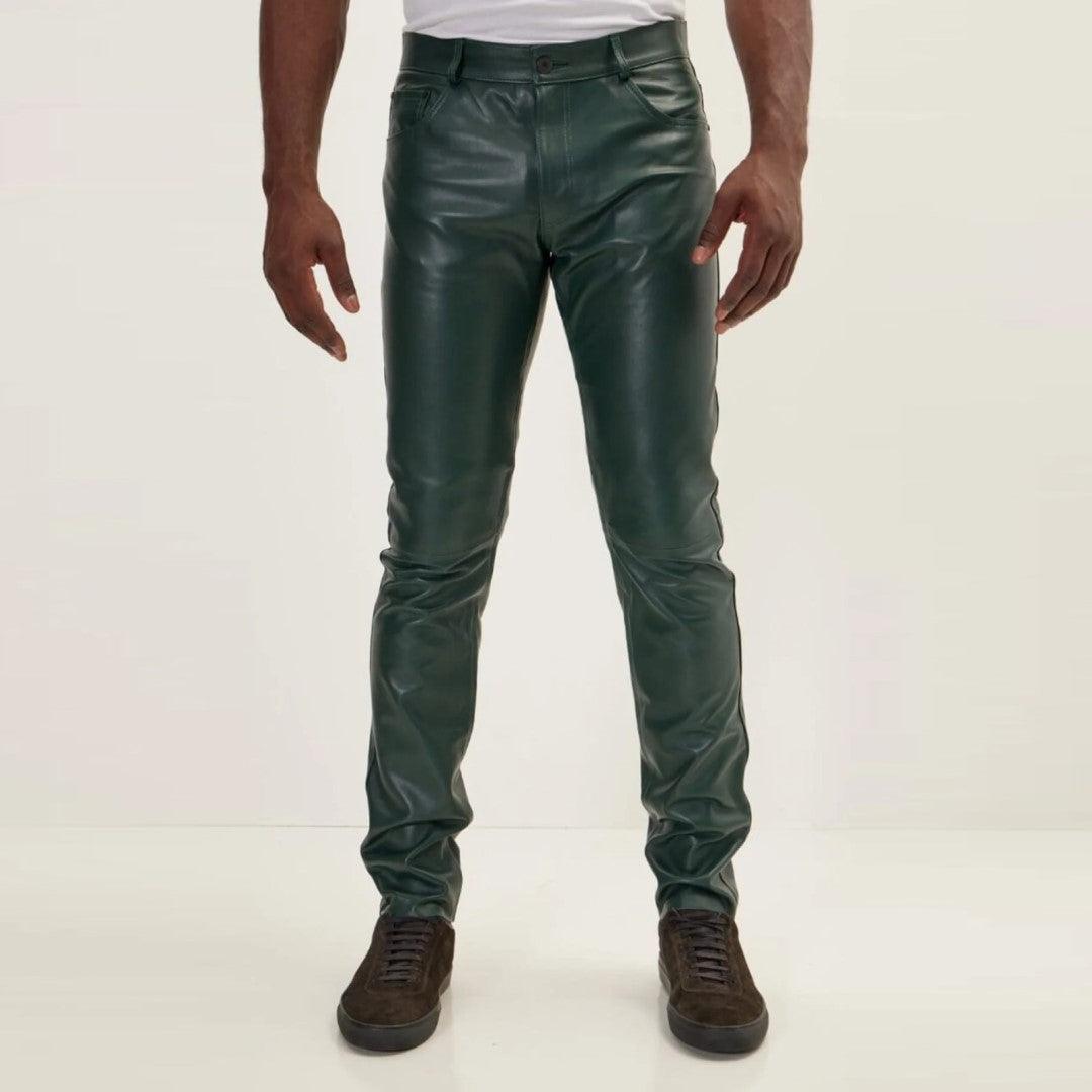 Leather Classic Zipper Jeans Pants in olive Green - The Urban Tannery
