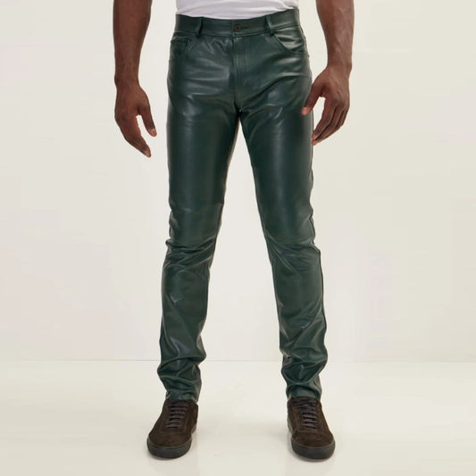 Leather Classic Zipper Jeans Pants in olive Green