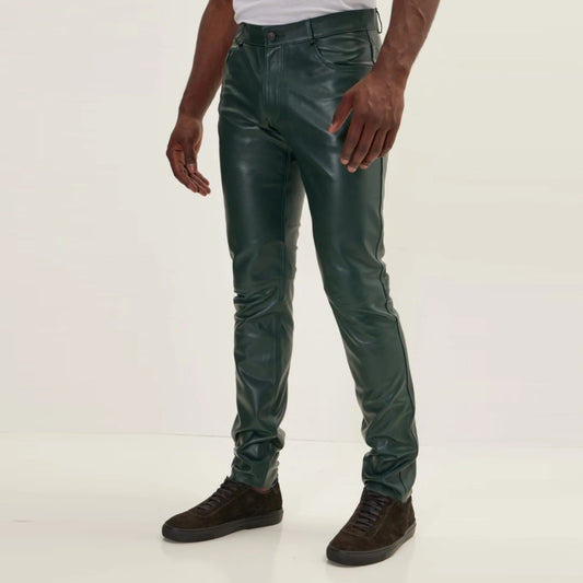 Leather Classic Zipper Jeans Pants in olive Green