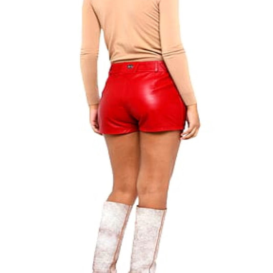 Red Flap Closer Leather Shorts For Women