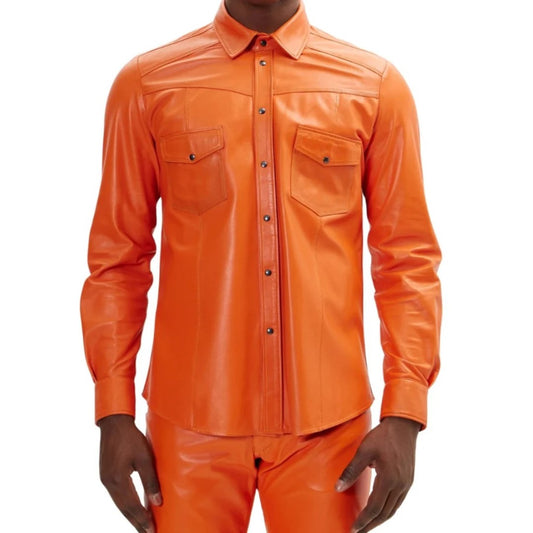 Orange Leather Shirt  For Men