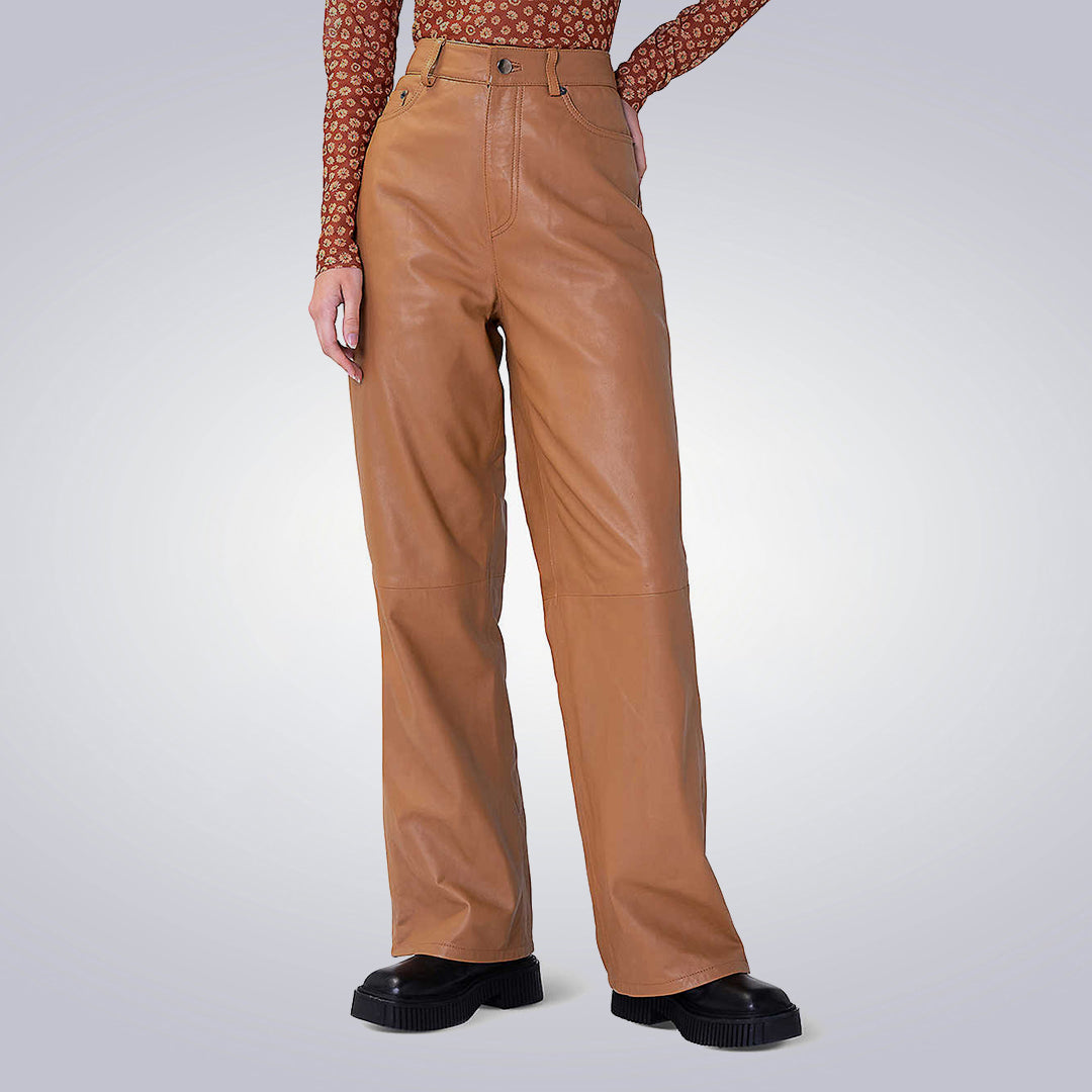 High Rise Brown Leather Pants for Women 1