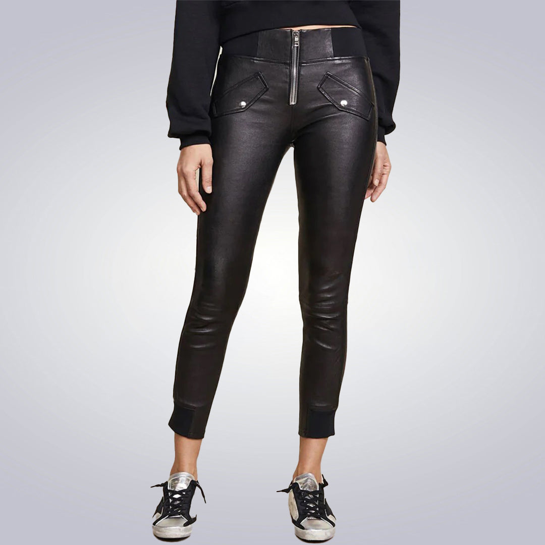 Women Genuine Lambskin Trousers Real Leather Skinny Pants Designer  Leggings-03