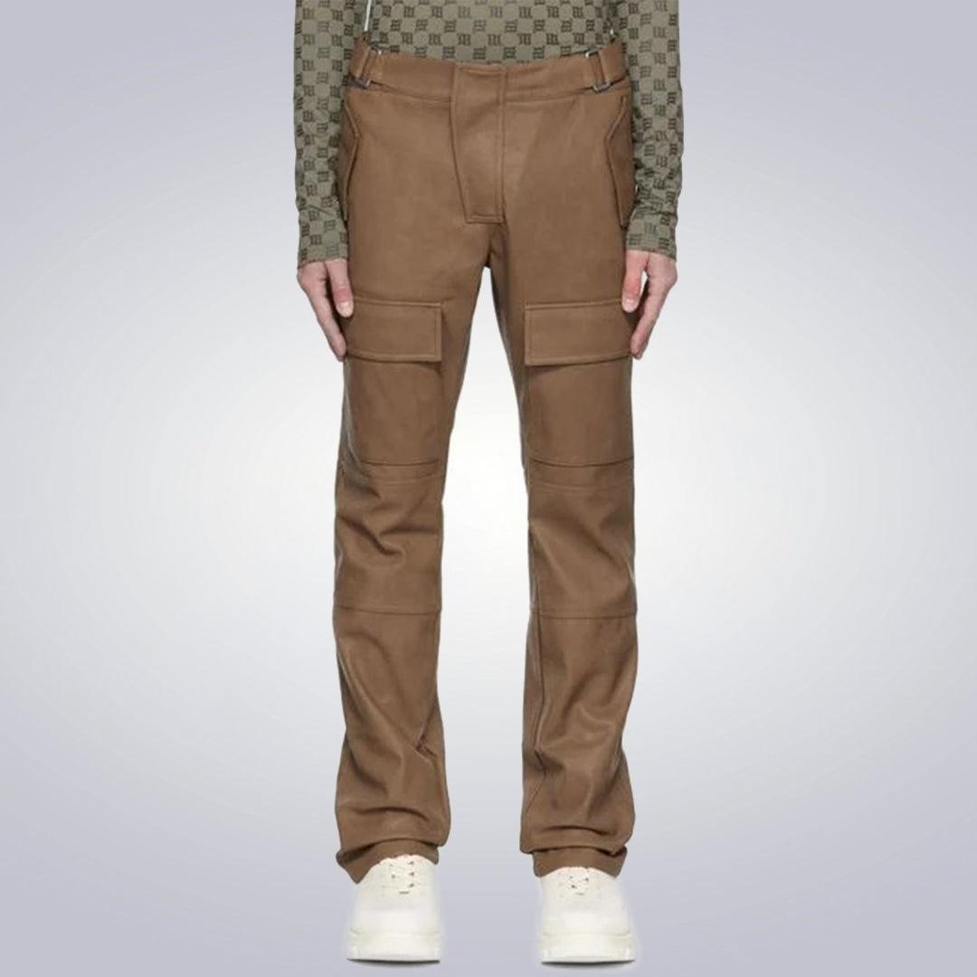 Men's Brown Vagen Leather Moto Faux Cargo Pants - The Urban Tannery