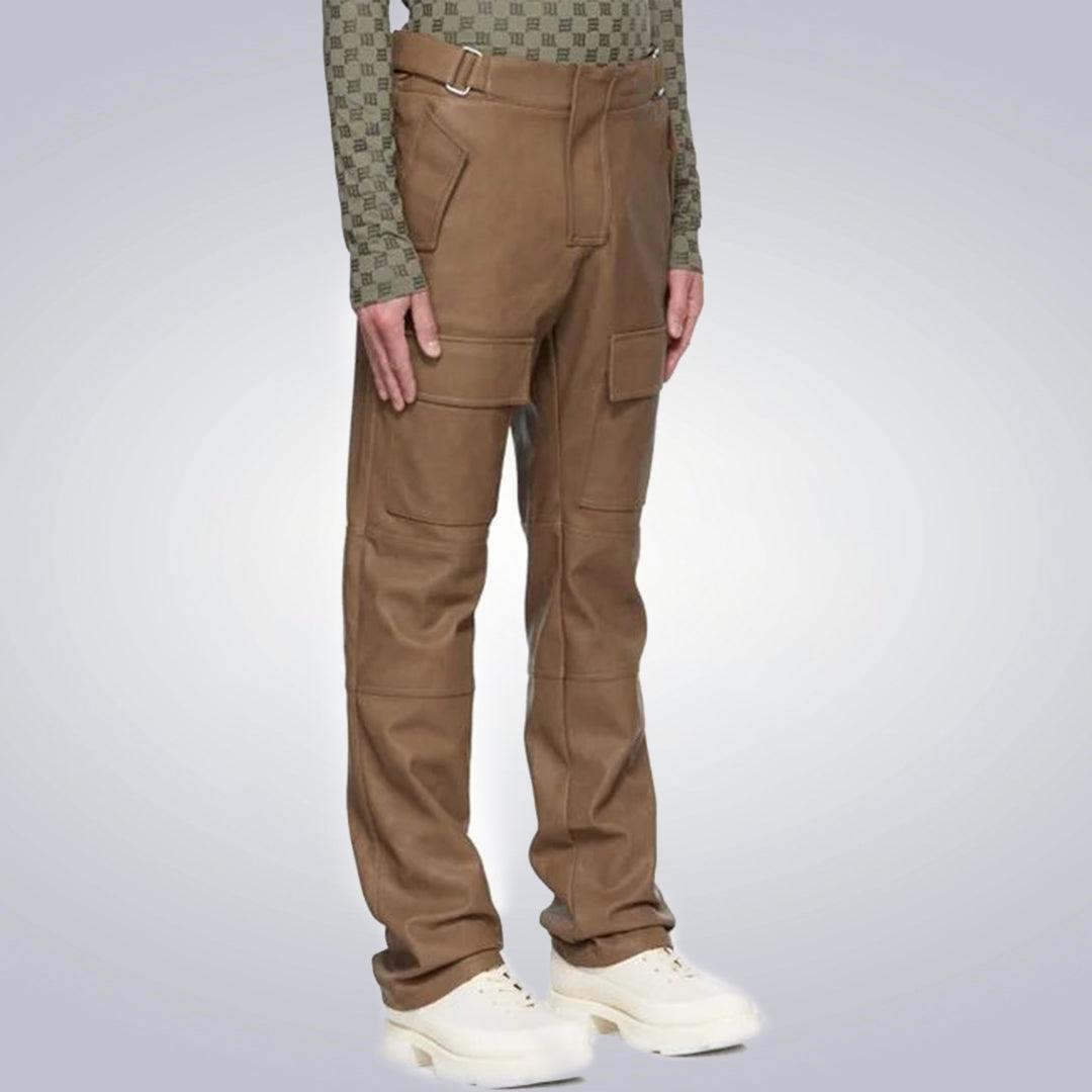 Men's Brown Vagen Leather Moto Faux Cargo Pants - The Urban Tannery