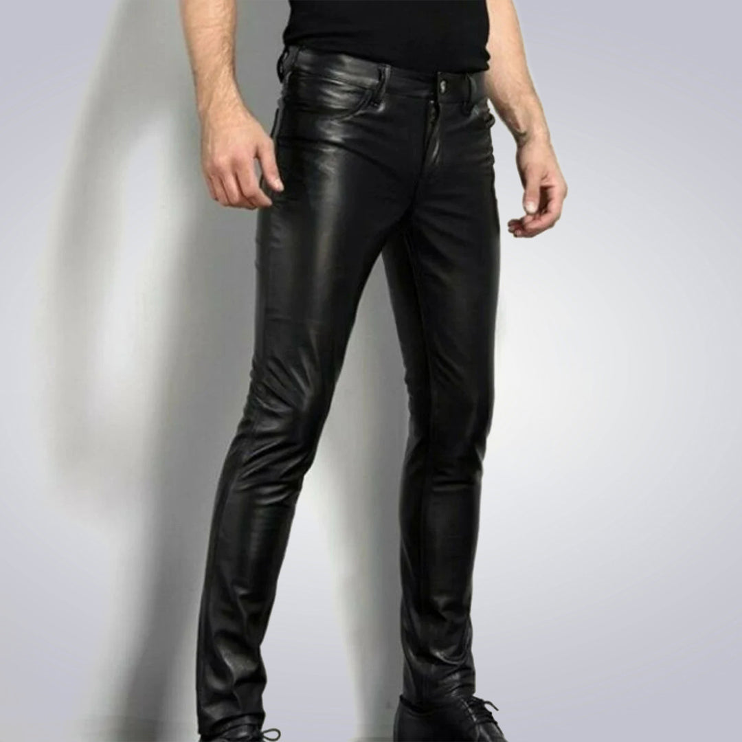 Men's Black Real Leather Skinny Jeans 1