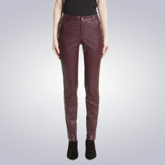 Women Maroon Leather Smart Fit Pants 1