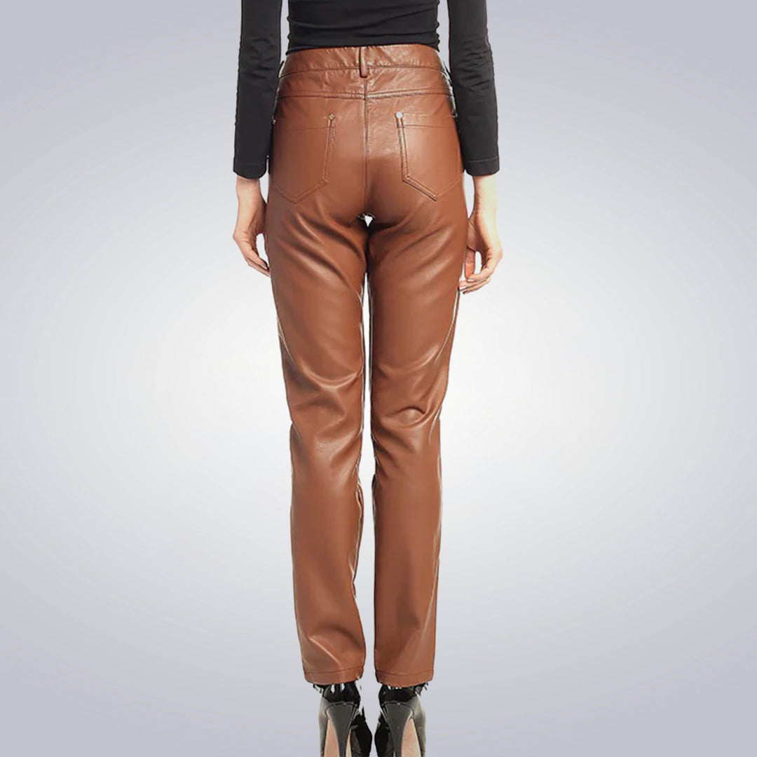 Women Classic Tan Leather Jeans 2