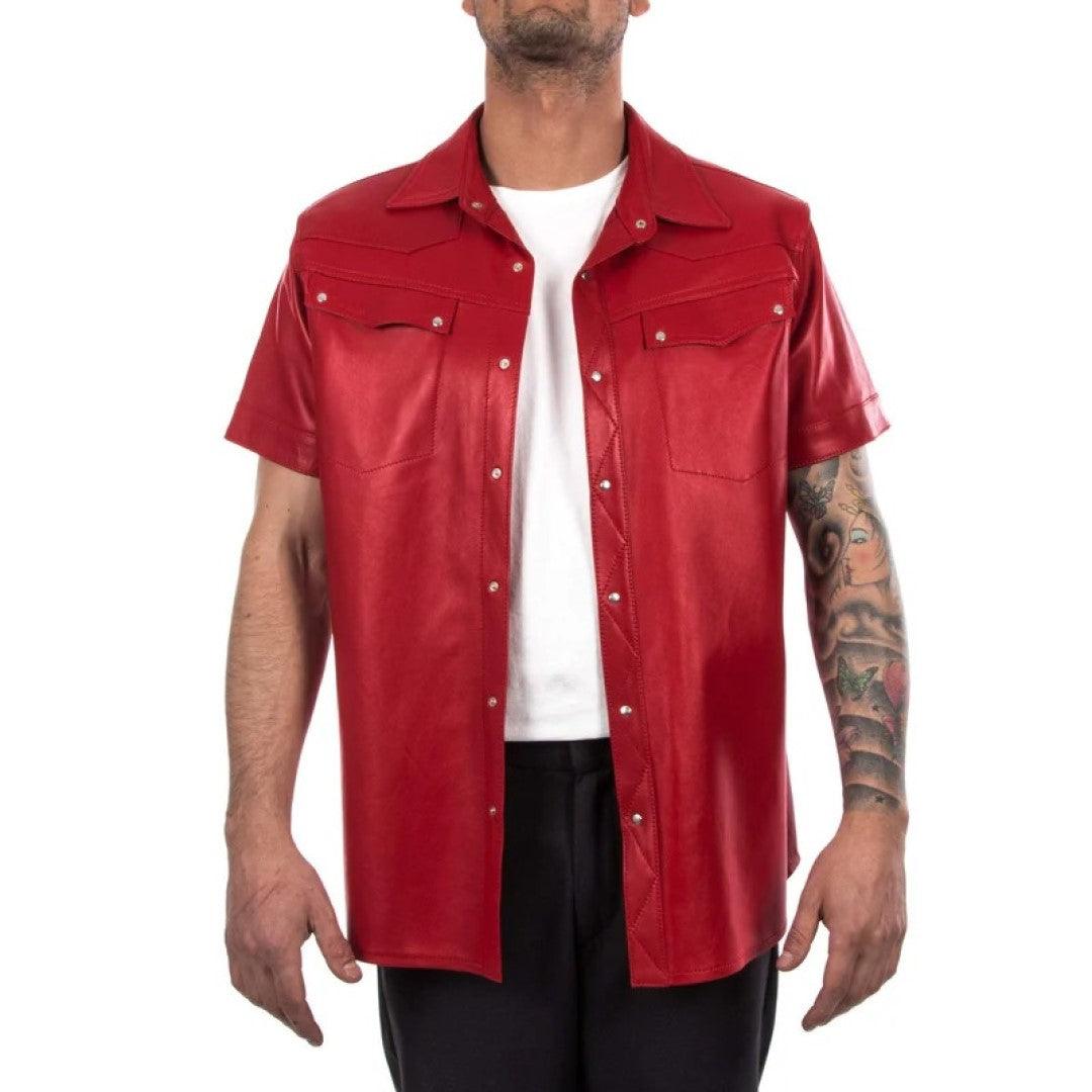 Red Half Sleeves Leather Shirt For Men - The Urban Tannery