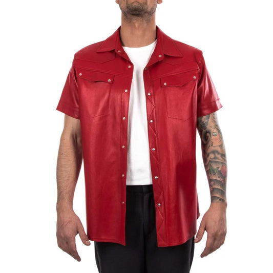 Red Half Sleeves Leather Shirt For Men