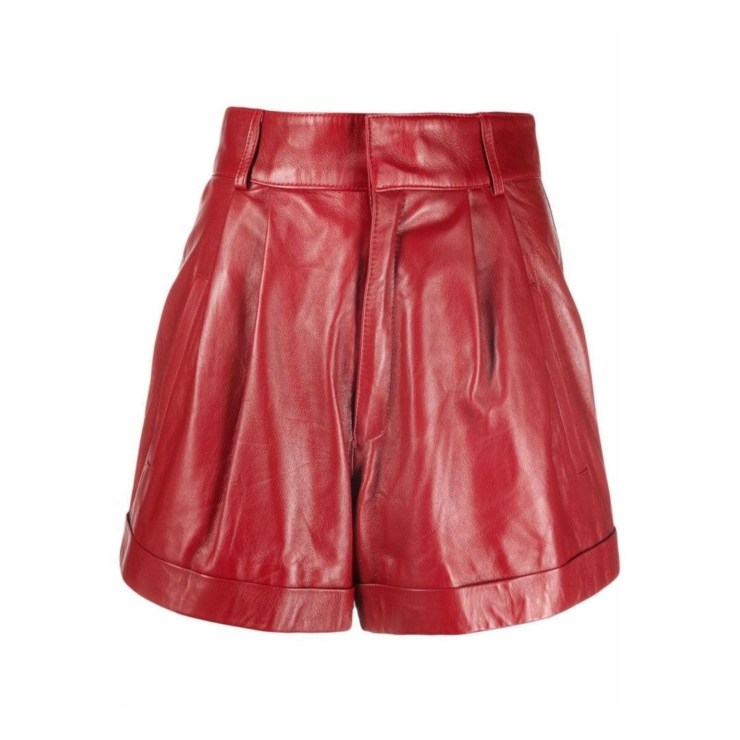 Red Leather Shorts With Belted Waist - The Urban Tannery