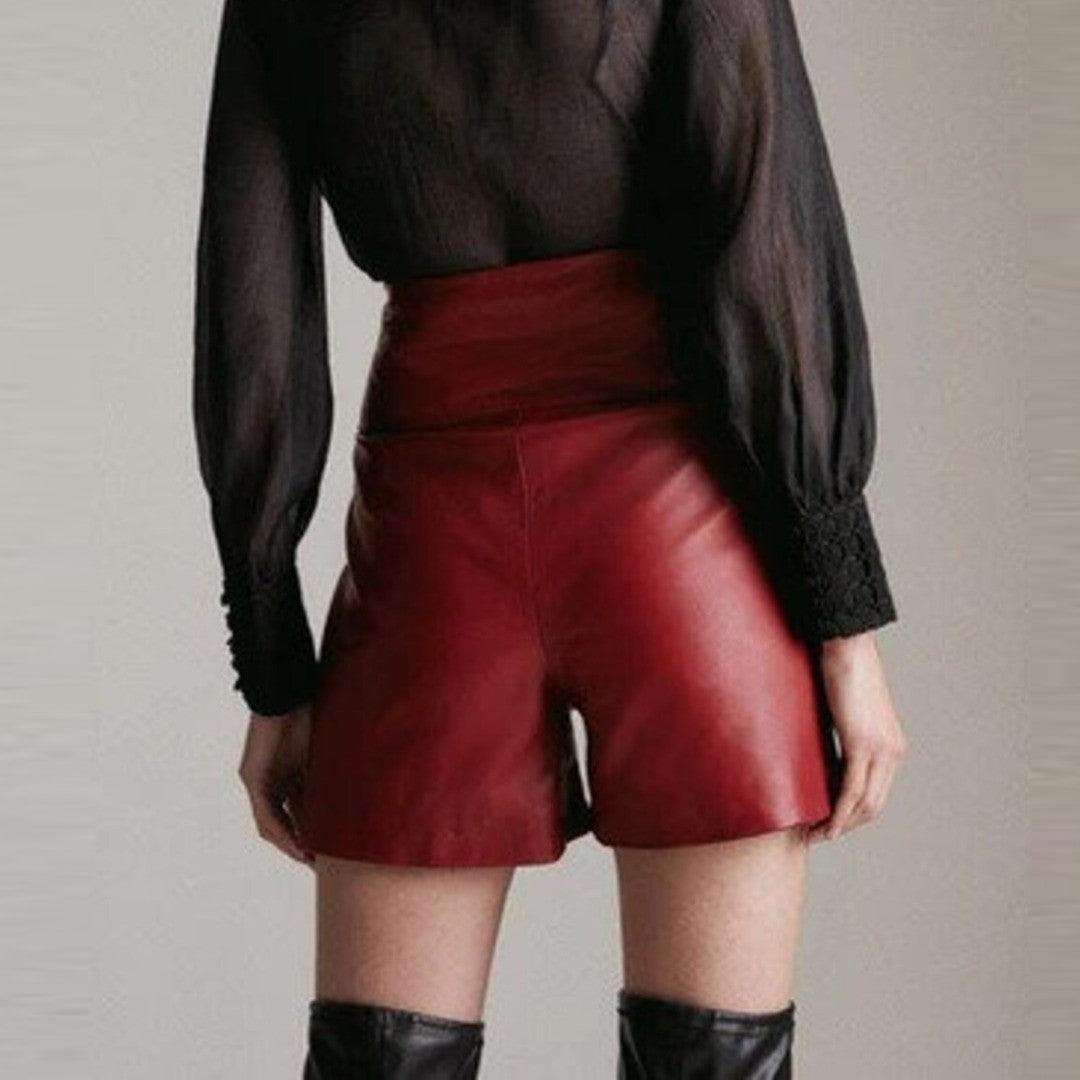 Unique Design Leather Short In Red For Women - The Urban Tannery