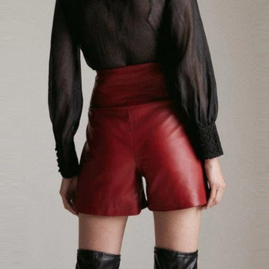 Unique Design Leather Short In Red For Women